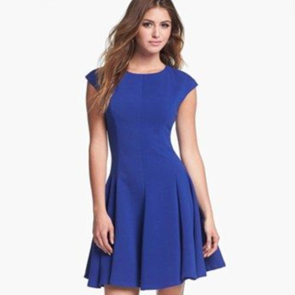 Eliza J Dress Womens 2 Blue Ponte Knit Flare Dress